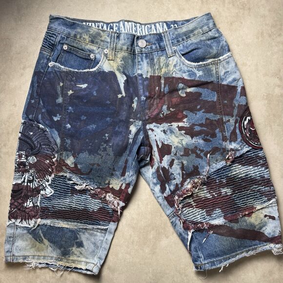 Vintage Americana Distressed Denim Shorts Men’s 32 Flag Patchwork Graphic Grunge - Picture 1 of 10